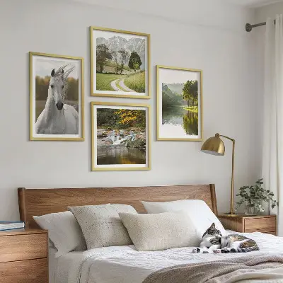 Moderní sada obrazů bílí koně v říční přírodě