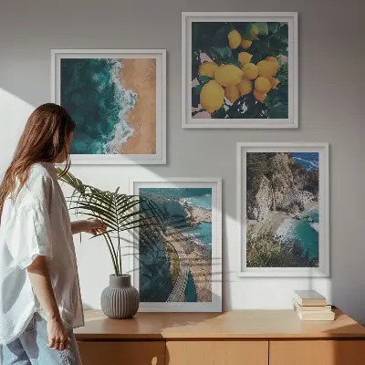 Dekorativní sada obrazů s motivem mořské pláže, citronů a hor
