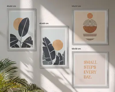 Dekorativní sada obrazů rostlinné vzory a minimalistická slunce