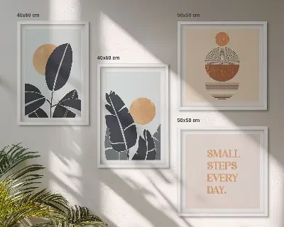 Dekorativní sada obrazů rostlinné vzory a minimalistická slunce