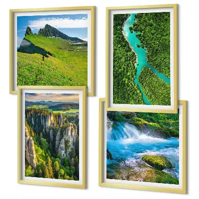 Moderní sada obrazů zelené hory, řeka a skály
