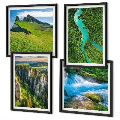 Moderní sada obrazů zelené hory, řeka a skály