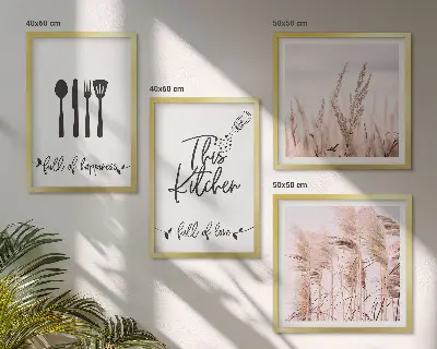Moderní sada obrazů s motivem boho trávy a nápisem do kuchyně