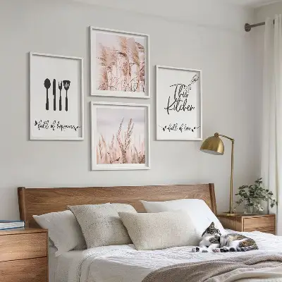 Moderní sada obrazů s motivem boho trávy a nápisem do kuchyně