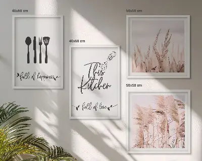Moderní sada obrazů s motivem boho trávy a nápisem do kuchyně