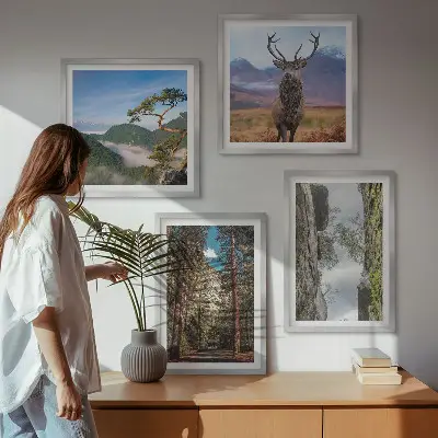 Dekorativní sada obrazů silnice v horském lese s jelenem