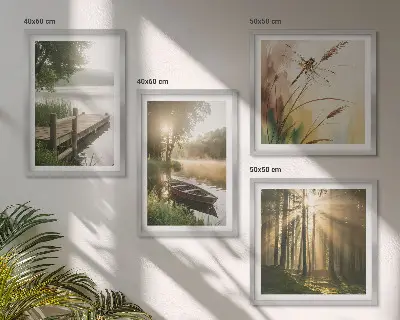 Moderní sada obrazů jezero s lesem a lodí v ranní mlze