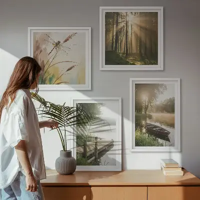 Moderní sada obrazů jezero s lesem a lodí v ranní mlze