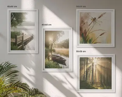 Moderní sada obrazů jezero s lesem a lodí v ranní mlze