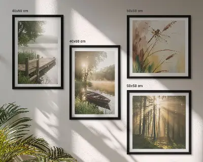 Moderní sada obrazů jezero s lesem a lodí v ranní mlze