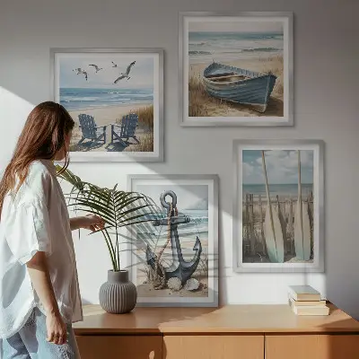 Moderní sada obrazů kotva na veslech lodi na pláži
