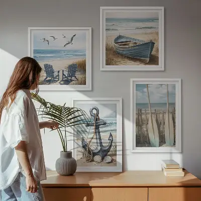 Moderní sada obrazů kotva na veslech lodi na pláži