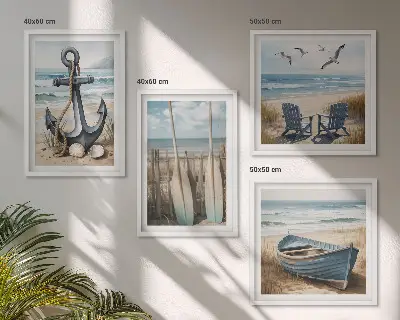 Moderní sada obrazů kotva na veslech lodi na pláži