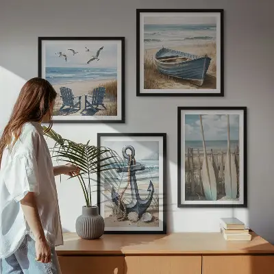 Moderní sada obrazů kotva na veslech lodi na pláži