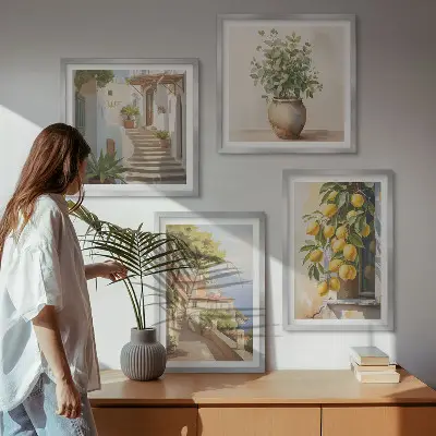 Moderní sada obrazů květiny ve váze a moře citronů