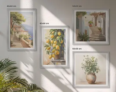 Moderní sada obrazů květiny ve váze a moře citronů