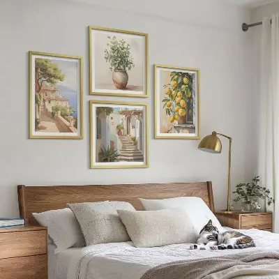 Moderní sada obrazů květiny ve váze a moře citronů