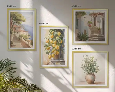 Moderní sada obrazů květiny ve váze a moře citronů