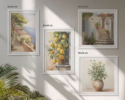 Moderní sada obrazů květiny ve váze a moře citronů
