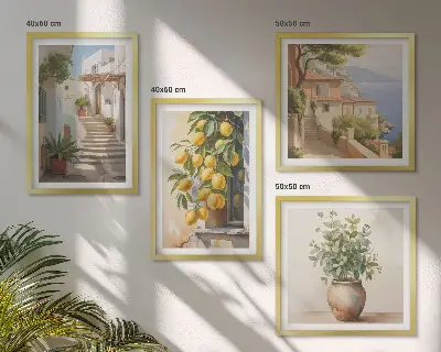 Moderní sada obrazů citronové květináče, rostliny a ulice