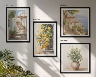Moderní sada obrazů citronové květináče, rostliny a ulice