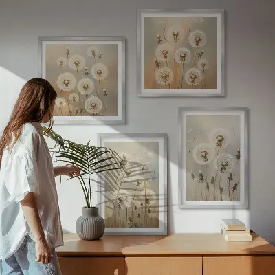 Moderní sada obrazů bílé pampelišky na světlém pozadí