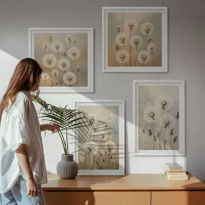 Moderní sada obrazů bílé pampelišky na světlém pozadí