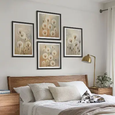 Moderní sada obrazů bílé pampelišky na světlém pozadí