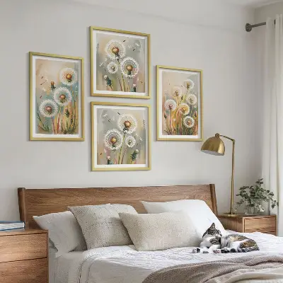 Moderní sada obrazů pastelové trávy s pampeliškovými květy