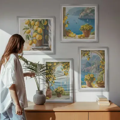 Dekorativní sada obrazů s motivem mořské krajiny, citronů a oken