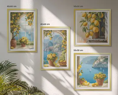 Dekorativní sada obrazů s motivem mořské krajiny, citronů a oken