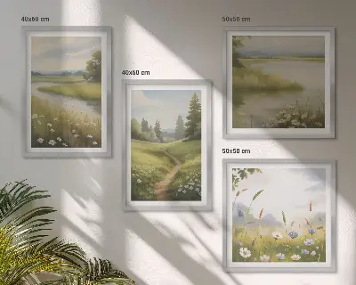 Dekorativní sada obrazů jarní krajina s říční loukou