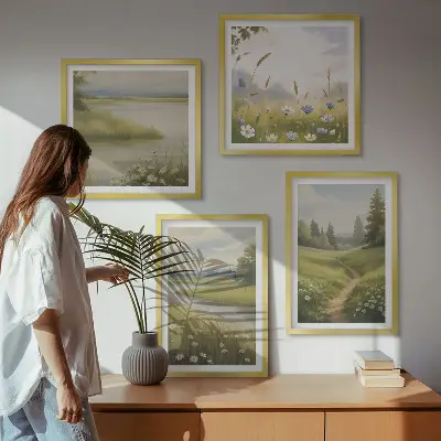 Dekorativní sada obrazů jarní krajina s říční loukou