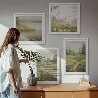 Dekorativní sada obrazů jarní krajina s říční loukou