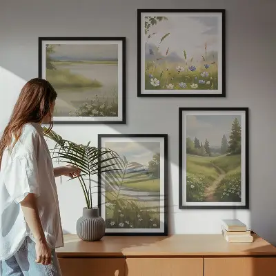Dekorativní sada obrazů jarní krajina s říční loukou