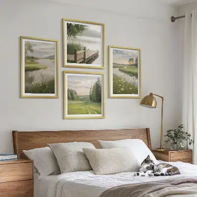Moderní sada obrazů letní krajiny s říční loukou
