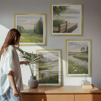 Moderní sada obrazů letní krajiny s říční loukou