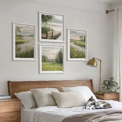 Moderní sada obrazů letní krajiny s říční loukou