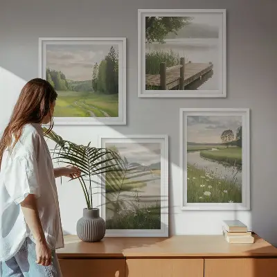 Moderní sada obrazů letní krajiny s říční loukou