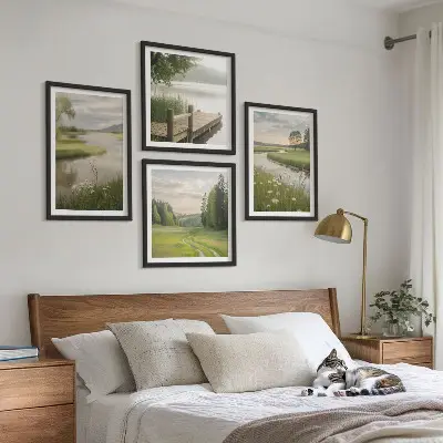 Moderní sada obrazů letní krajiny s říční loukou
