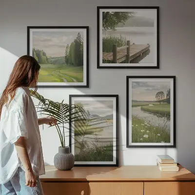 Moderní sada obrazů letní krajiny s říční loukou