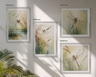 Moderní sada obrazů vážky a trávy v akvarelovém stylu