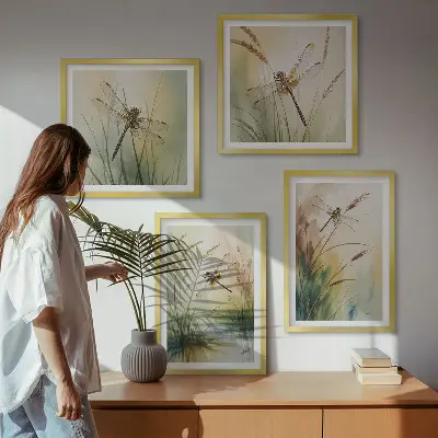 Moderní sada obrazů vážky a trávy v akvarelovém stylu