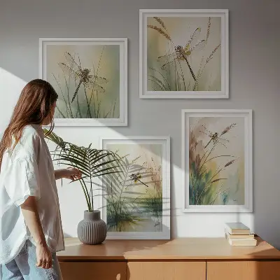 Moderní sada obrazů vážky a trávy v akvarelovém stylu