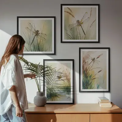 Moderní sada obrazů vážky a trávy v akvarelovém stylu