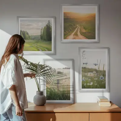 Moderní sada obrazů s motivem krajiny se sluncem nad polem