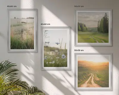 Moderní sada obrazů s motivem krajiny se sluncem nad polem