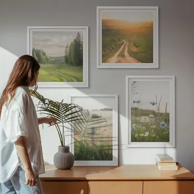 Moderní sada obrazů s motivem krajiny se sluncem nad polem