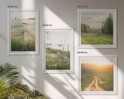 Moderní sada obrazů s motivem krajiny se sluncem nad polem