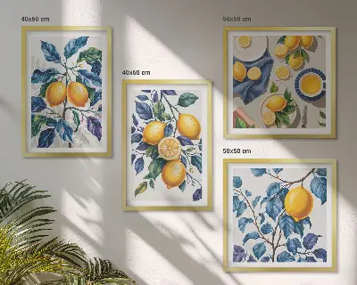 Moderní sada obrazů citronové větve s modrými listy